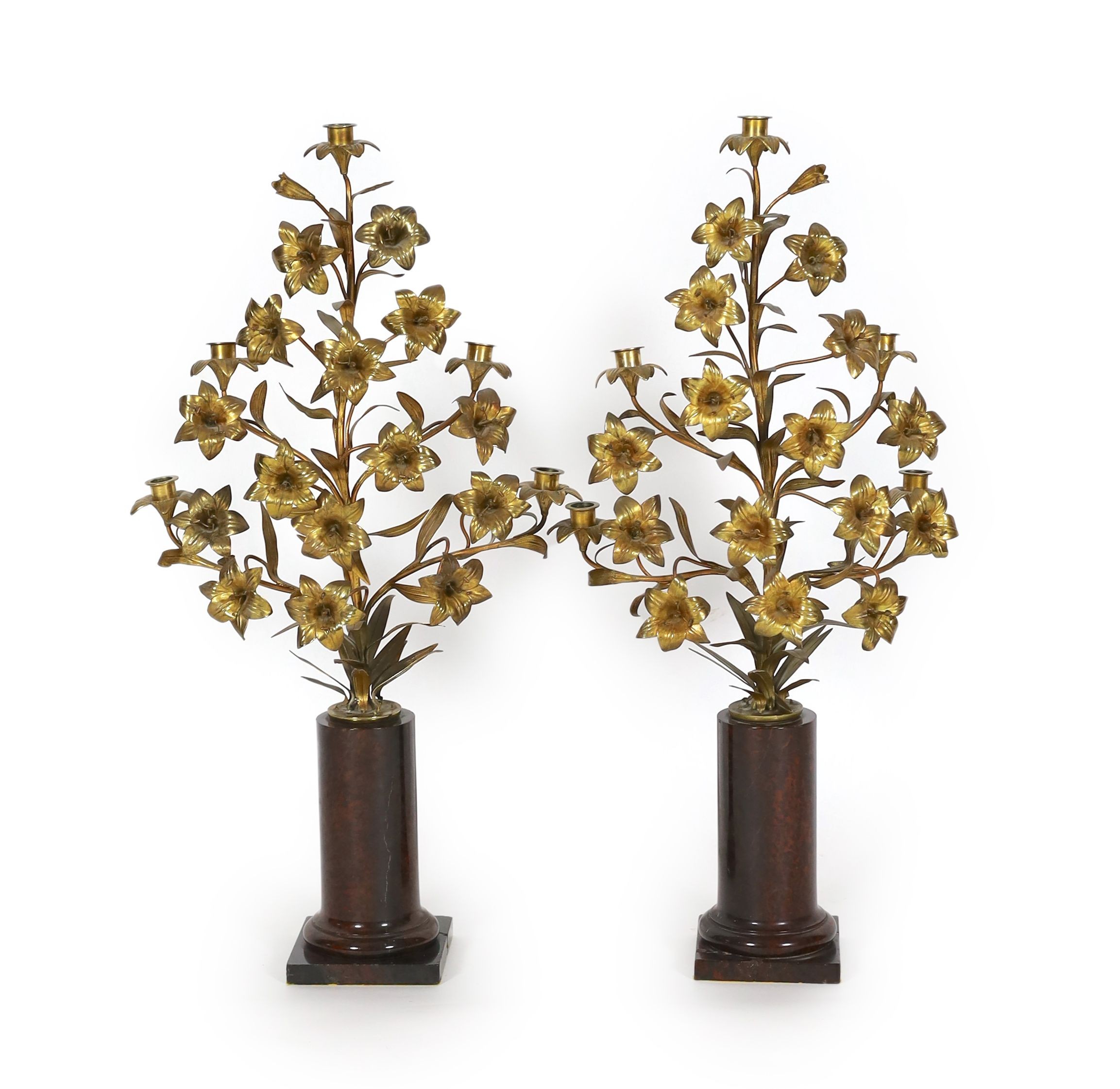 A pair of 19th century French ormolu five light candelabra modelled as lilies, width 45cm height 85cm
